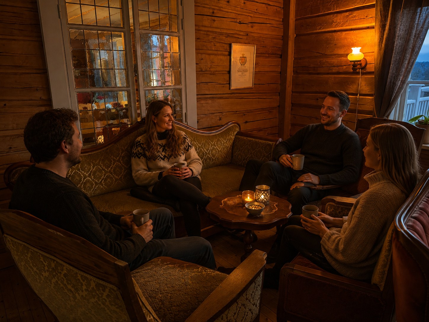 Vänner samlade i stua på Sånninggården