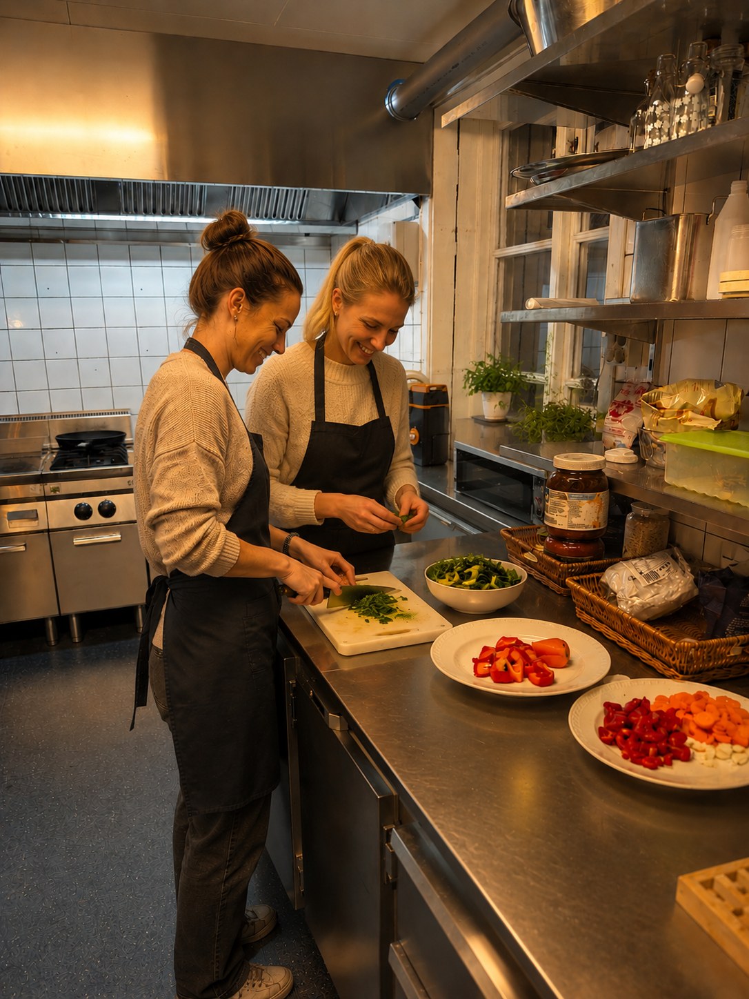 Två personer lagar middag tillsammans i köket på Sånninggården